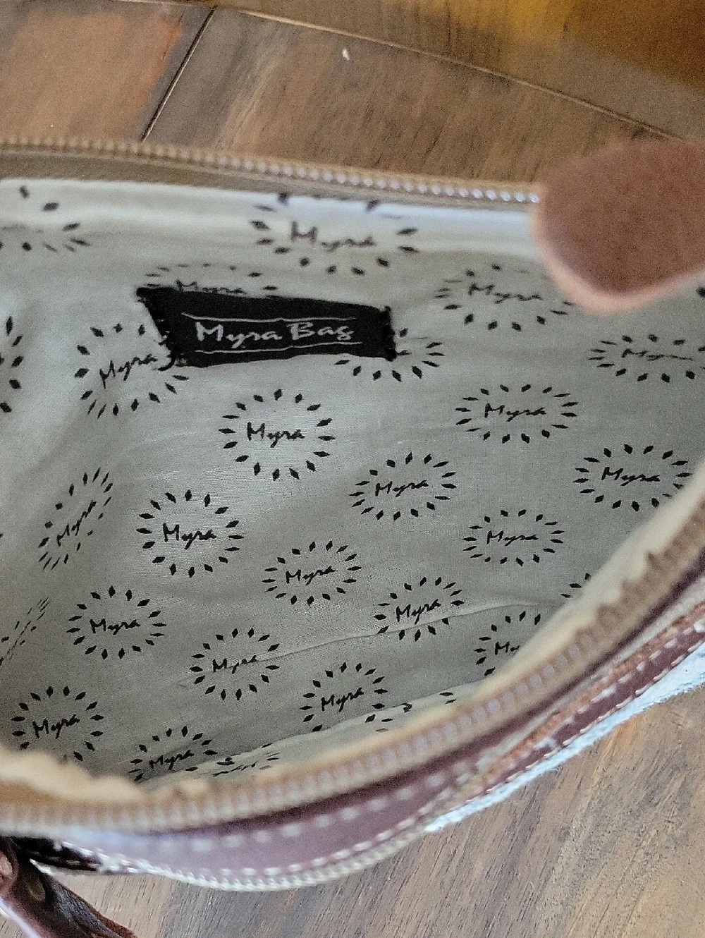 Myra NWOT PUZZLED POUCH Upcycled Canvas Leather Clutch Wristlet Pouch